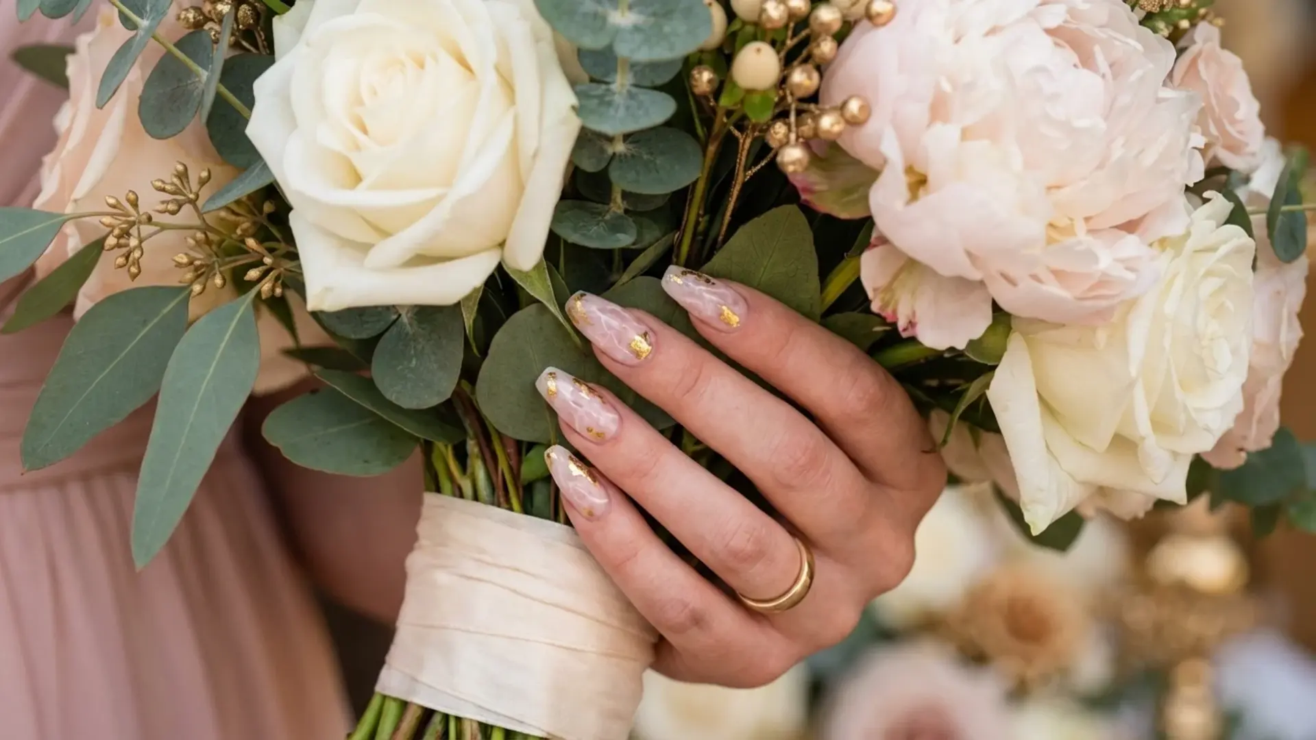 Hand with rose gold foil nail art holding bridal bouquet with gold ring showing bridesmaid nails idea