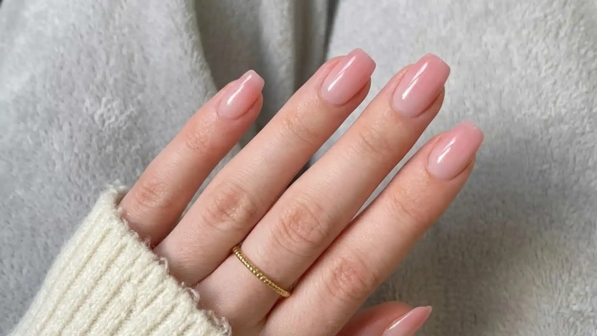 Hand with Soft Fade nails in glossy pink gradient, square-shaped tips with smooth ombre blend
