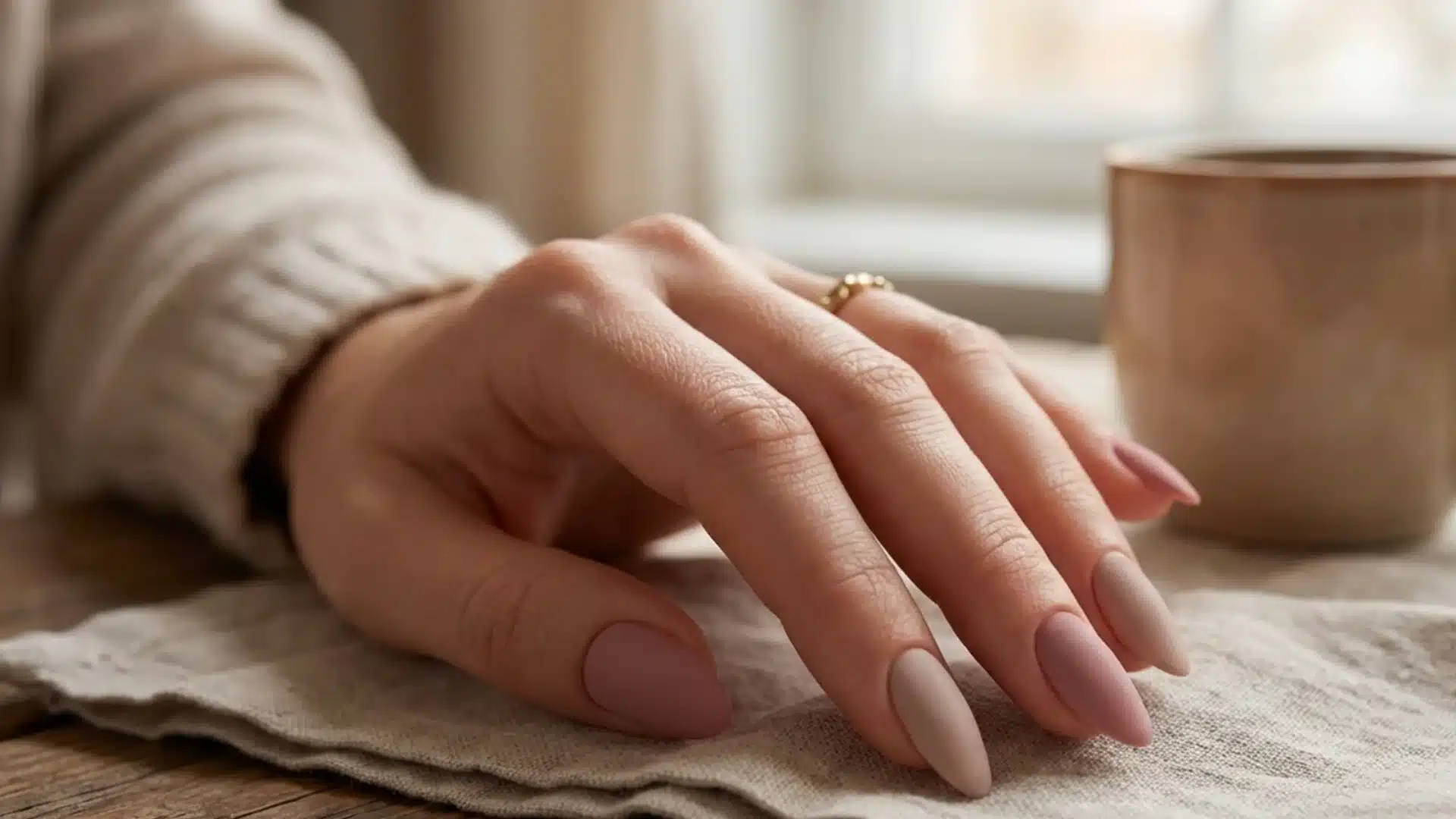 Hand with Soft Matte nails featuring muted nude and blush tones in a smooth matte finish