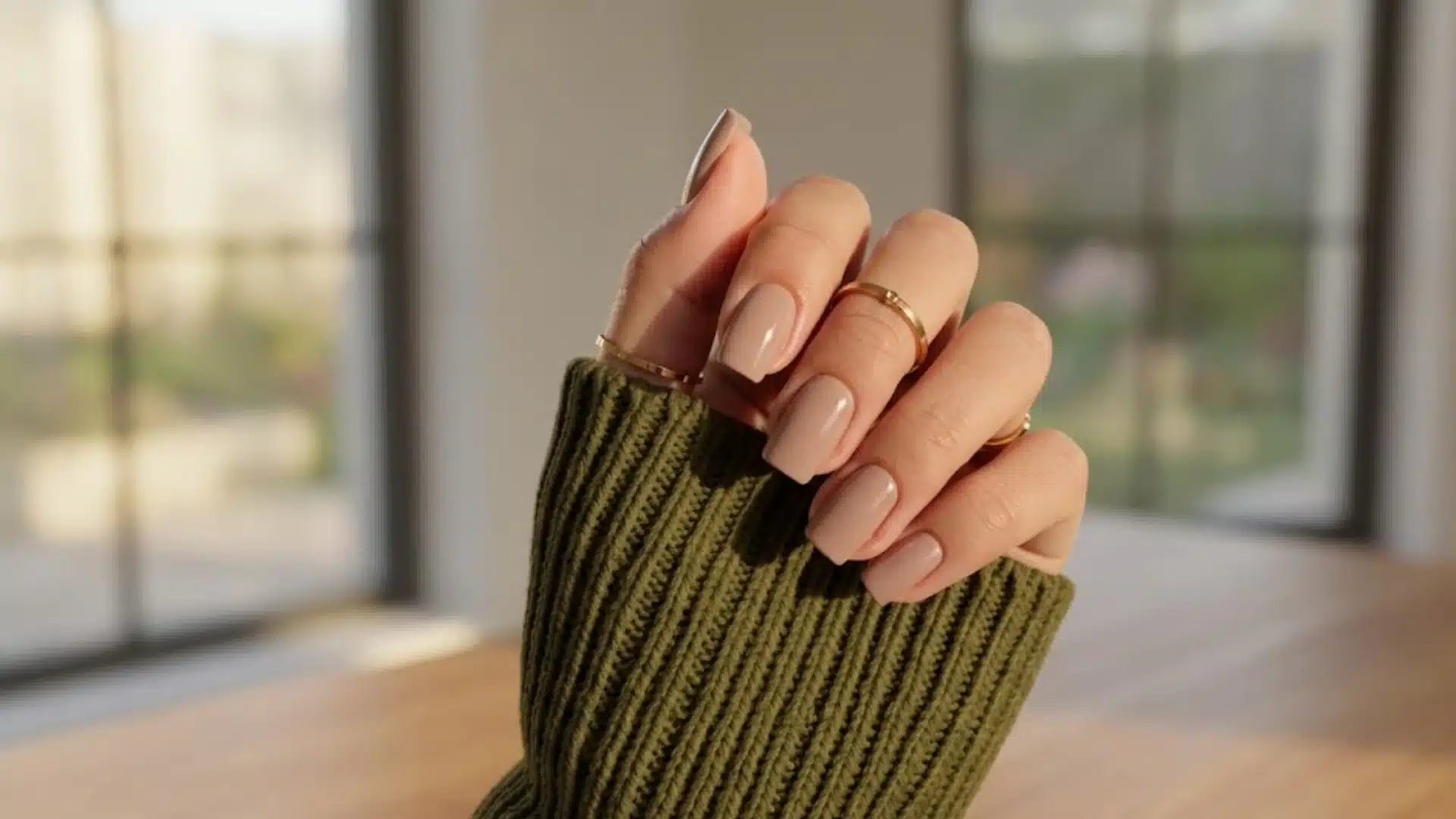 Hand with Whisper Nude nails in warm beige tone, glossy square shape with soft edges