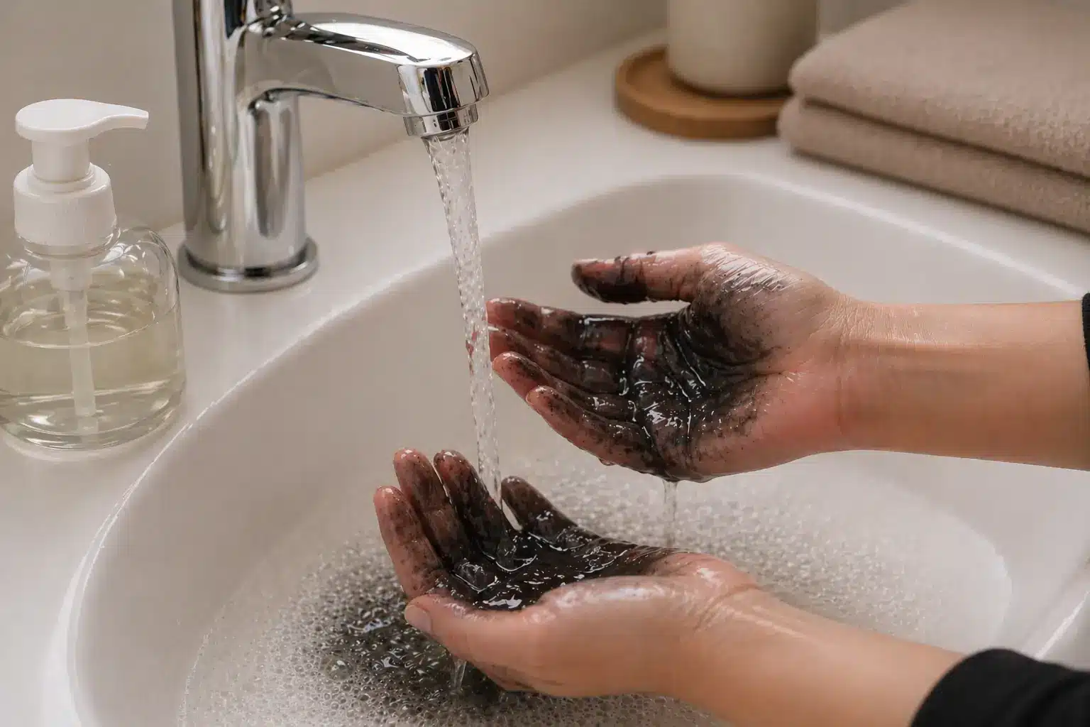 Hands being washed with soap and warm water to remove dark hair dye stains in a bathroom sink