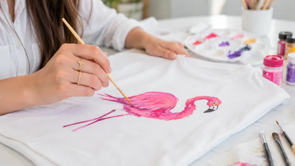 Hands painting a pink flamingo with acrylic paint on white fabric beside brushes and paint jars