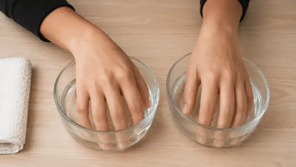 Hands soaking in clear glass bowls of acetone on a wooden table with a white towel beside them