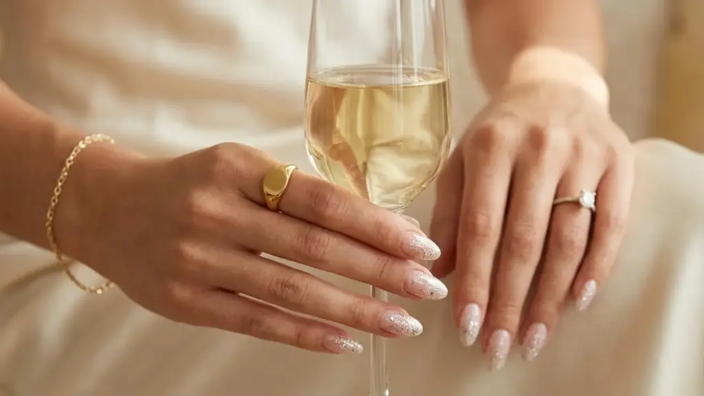 Hands with nude base glitter manicure holding champagne glass showing inspiration for bridemaids nail ideas