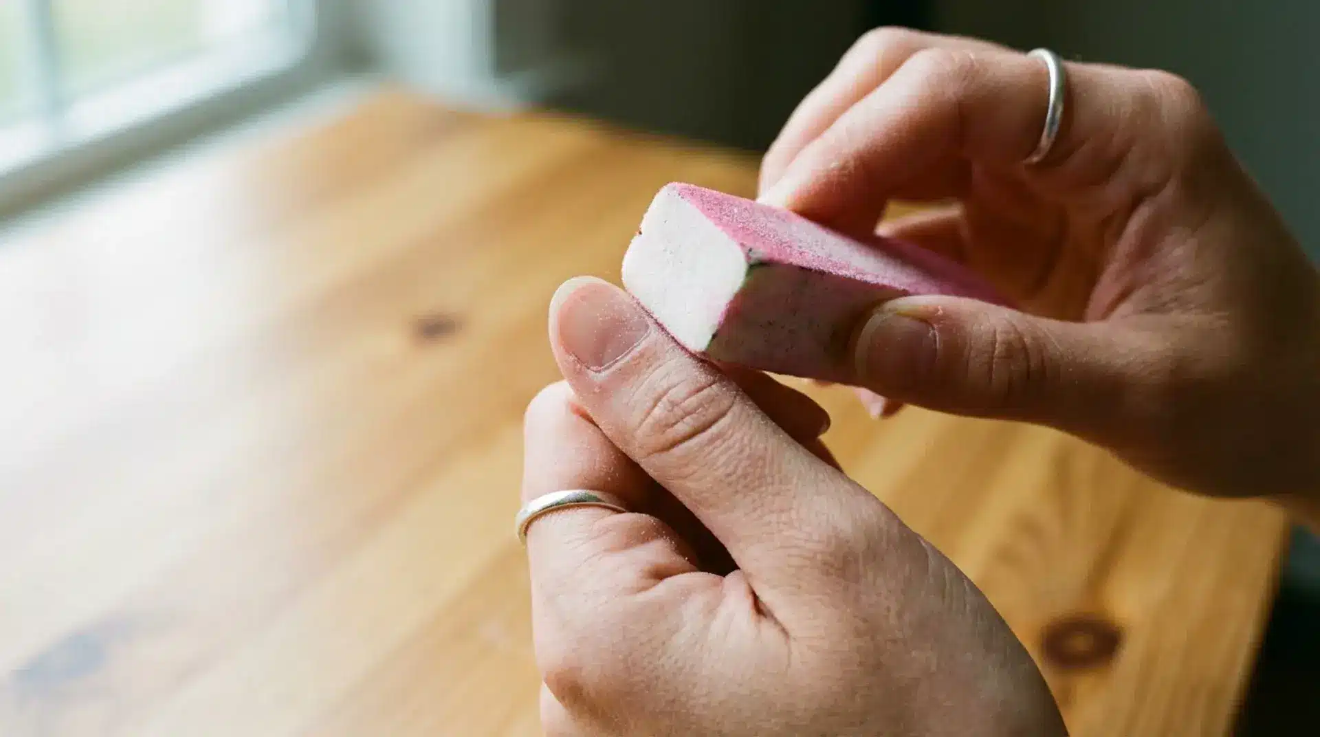 Hand using a soft nail buffer to gently remove dried nail glue from the skin during a manicure cleanup.