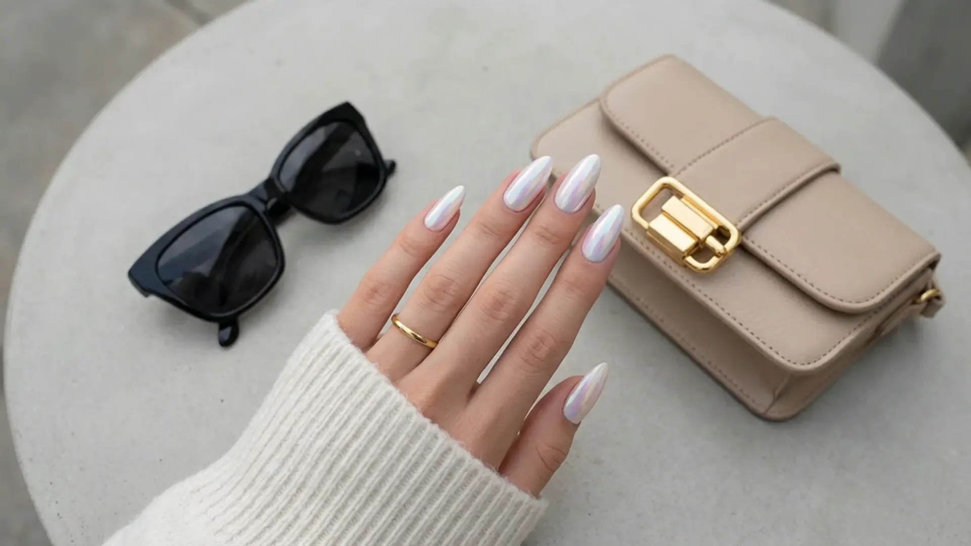 Hand with almond shaped iridescent opal nails over table having leather bag and sunglasses
