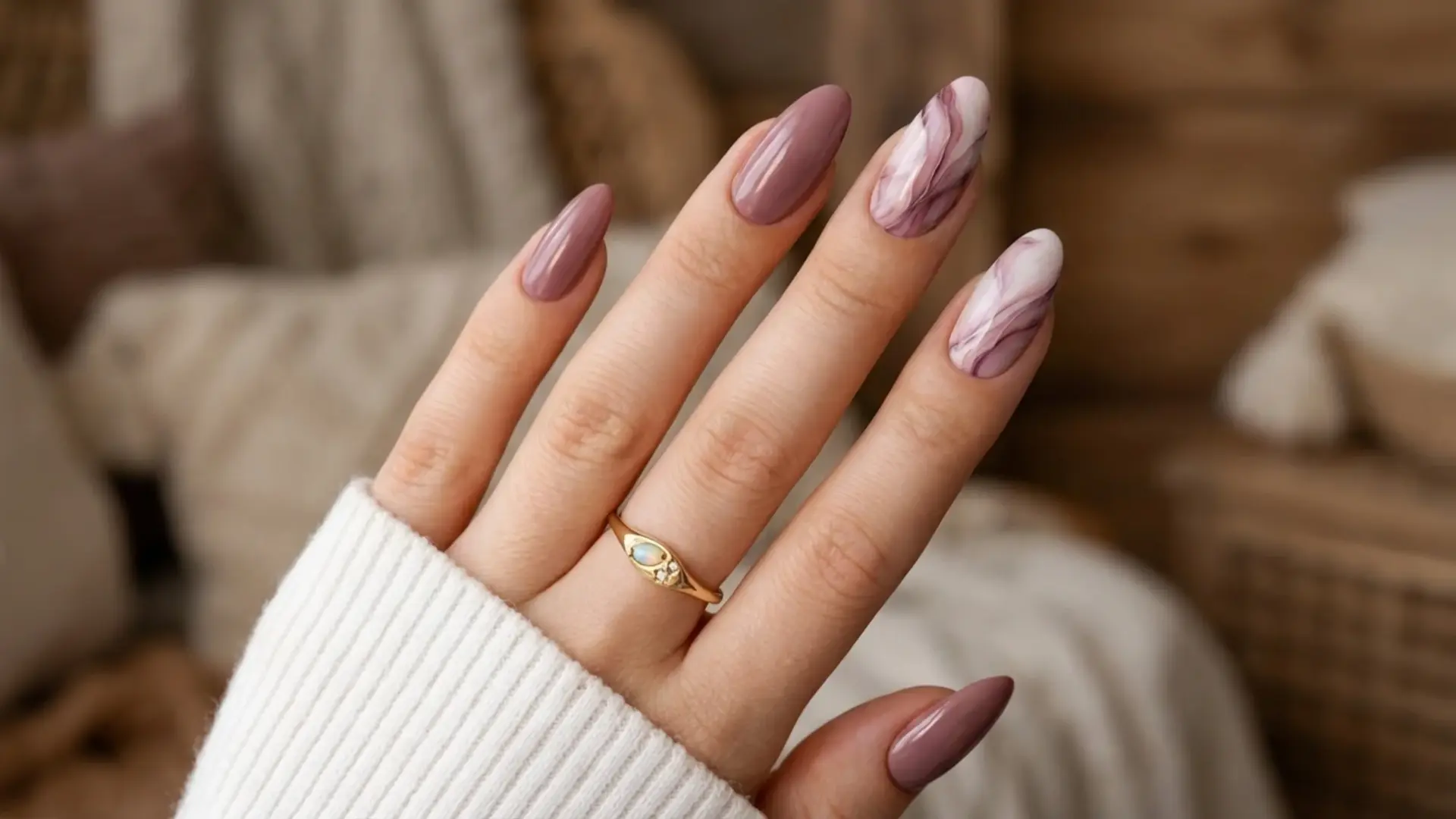 Hand with soft mauve almond nails featuring glossy finish and subtle marble accent on one nail in cozy indoor setting