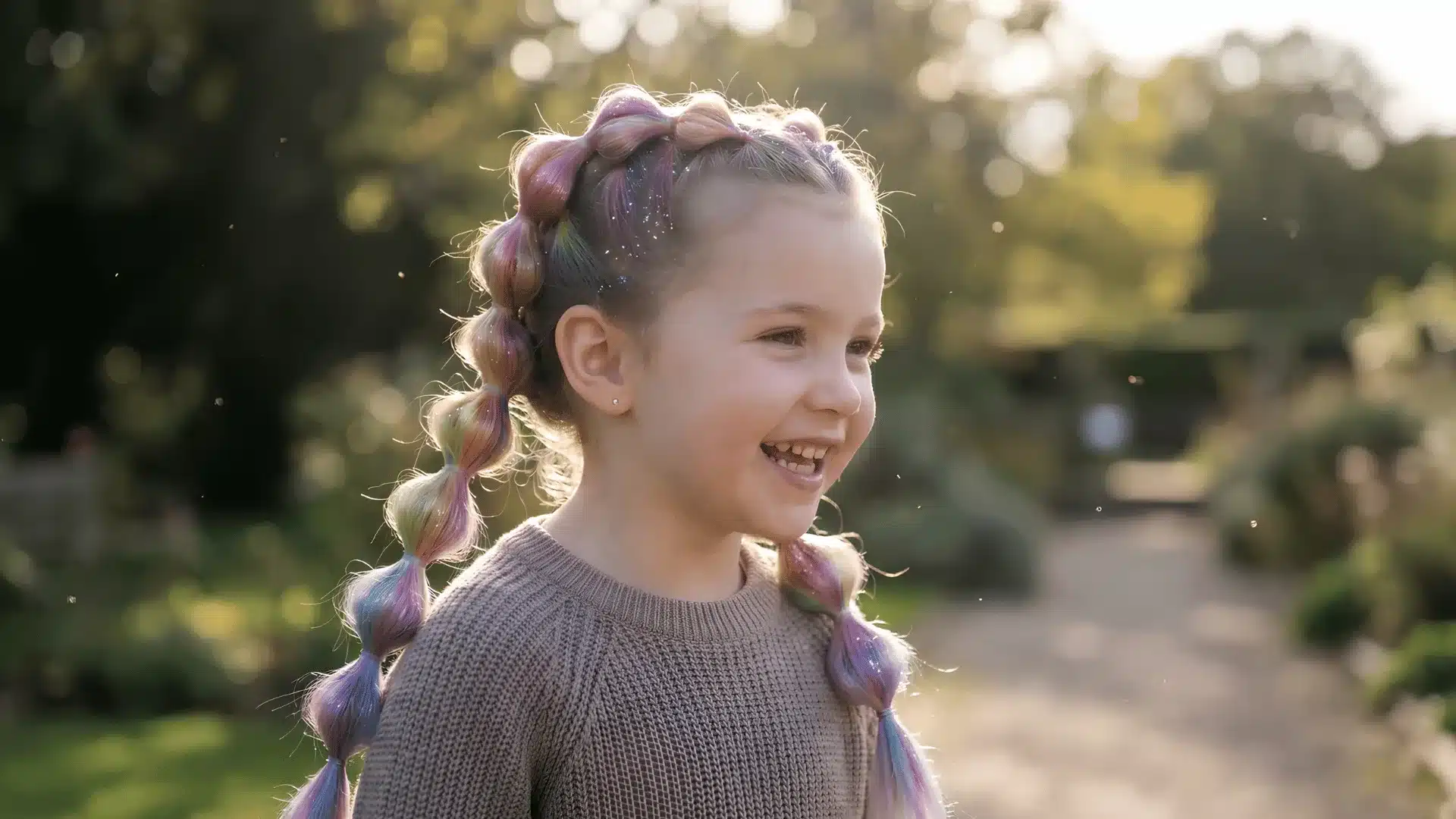 Happy child with pastel rainbow braids outdoors in warm sunlight
