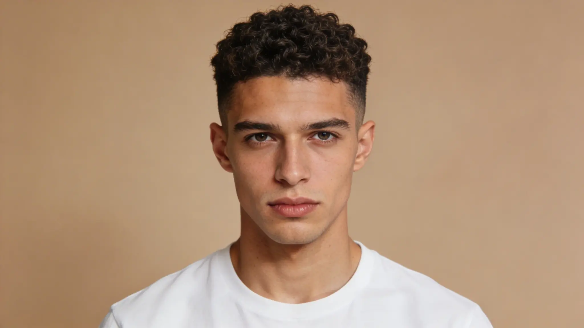 Headshot of a young man with curly hair and a fade haircut, wearing a white shirt against a tan background.