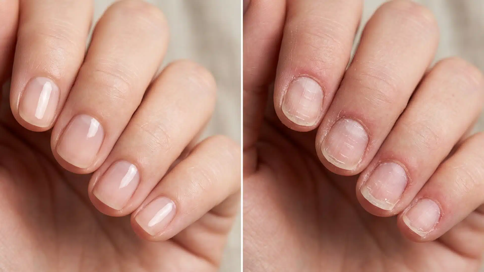 Healthy and damaged nails before and after gel polish irritation