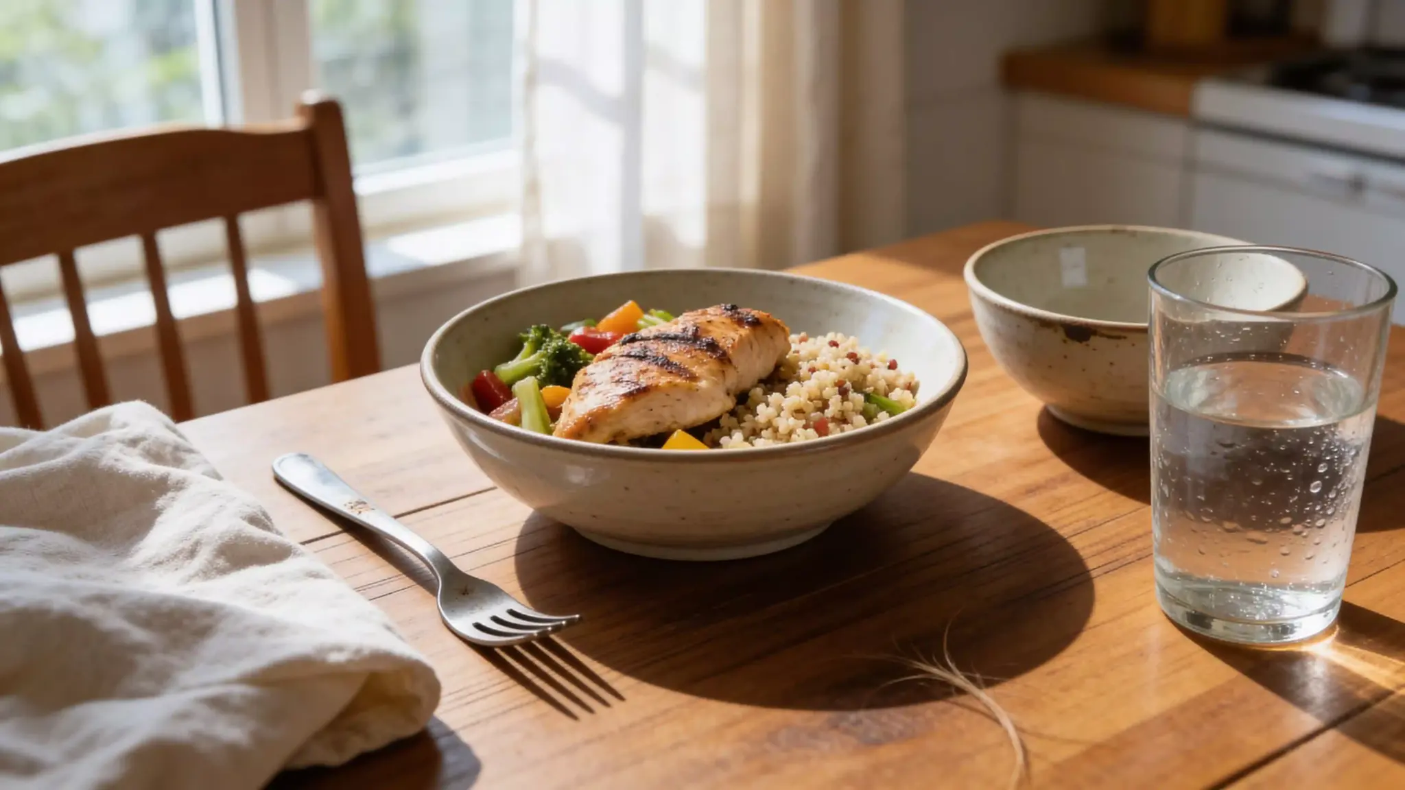 Healthy balanced meal with grilled chicken, vegetables, and grains, representing dietary changes to help manage chin acne
