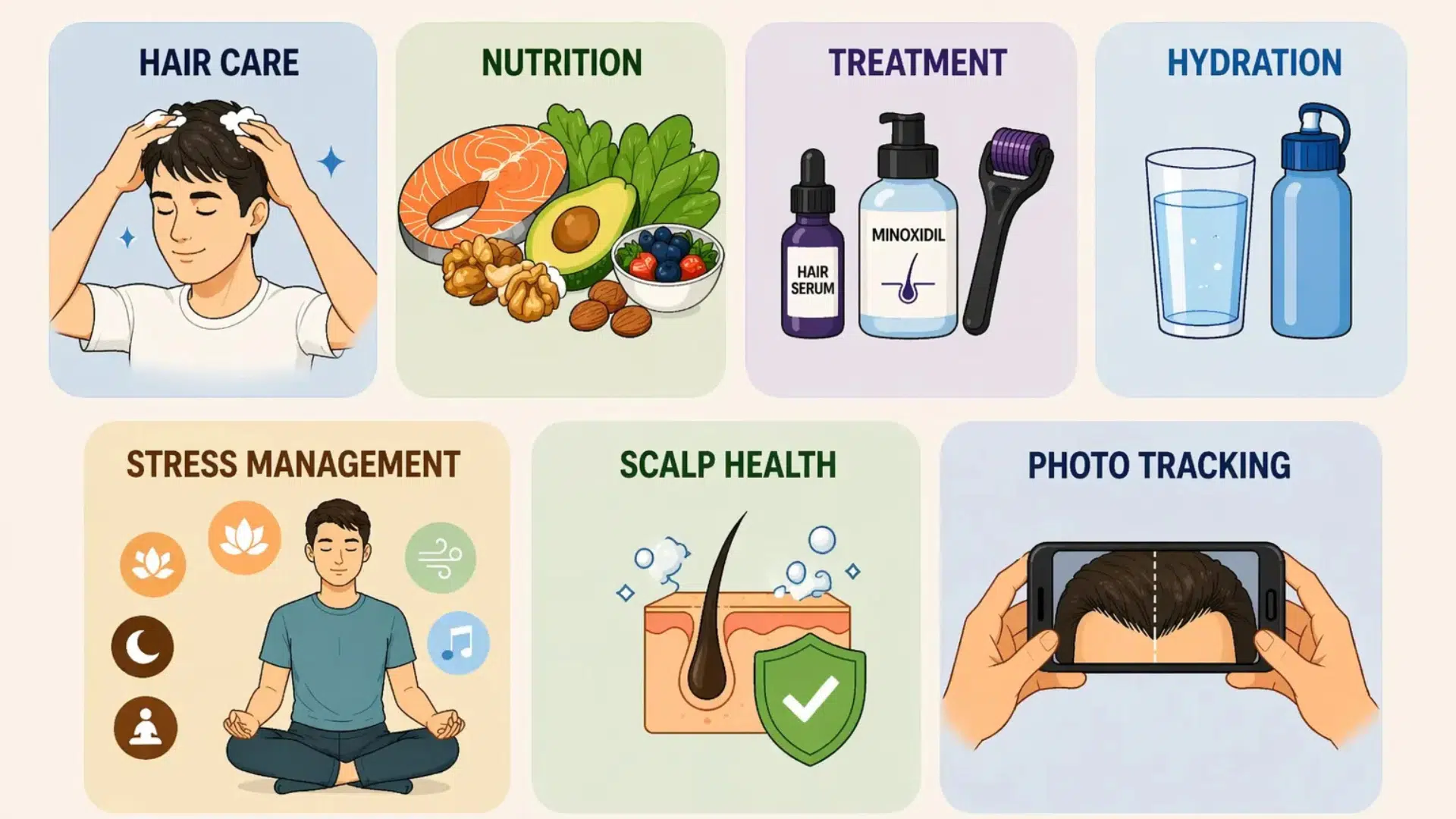 Healthy Hairline Habits infographic showing hair care nutrition treatment hydration stress management and scalp health