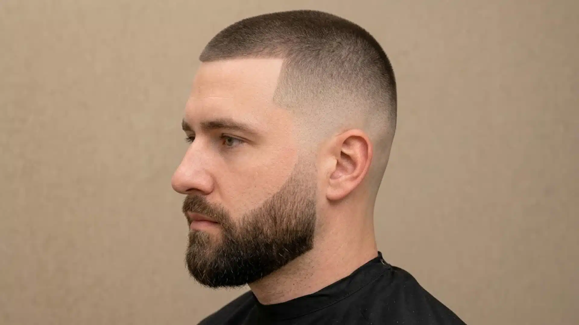 High Fade with Short Top with sharp hairline and full beard for a clean modern men’s haircut look