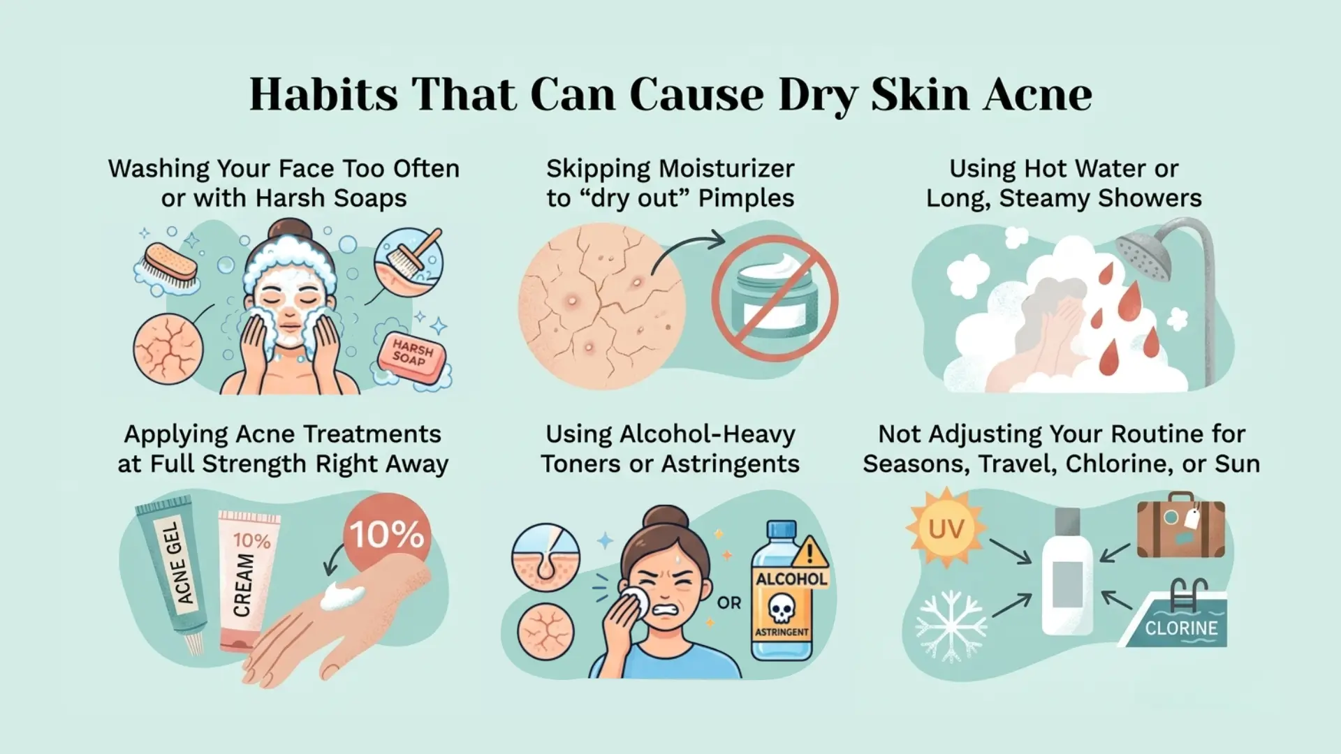 Infographic showing habits that can cause dry skin acne including overwashing, skipping moisturizer, hot showers, strong treatments and alcohol toners