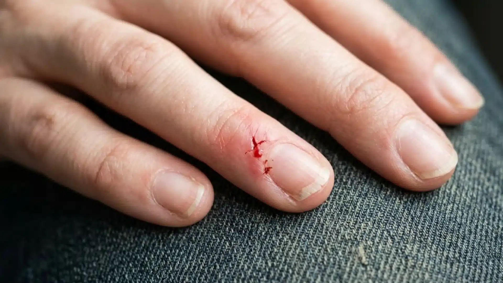 Injured finger with small cut and bleeding near the nail, resting on denim fabric