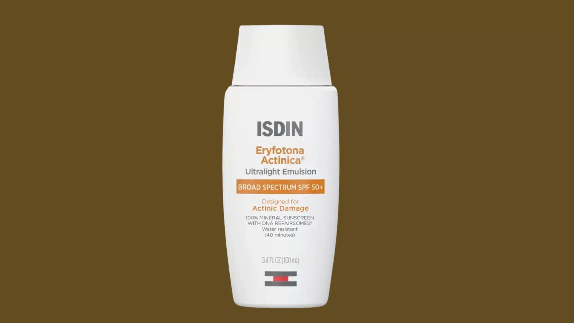 ISDIN Eryfotona Actinica SPF 50+ sunscreen bottle on brown background.