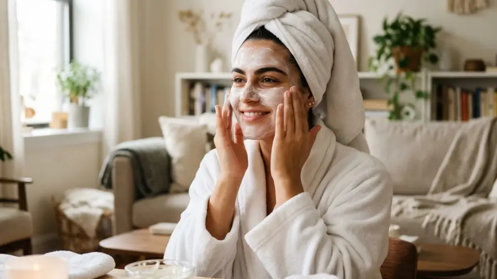 Italian-American woman applying a facial mask at home in a cozy living room with soft natural light