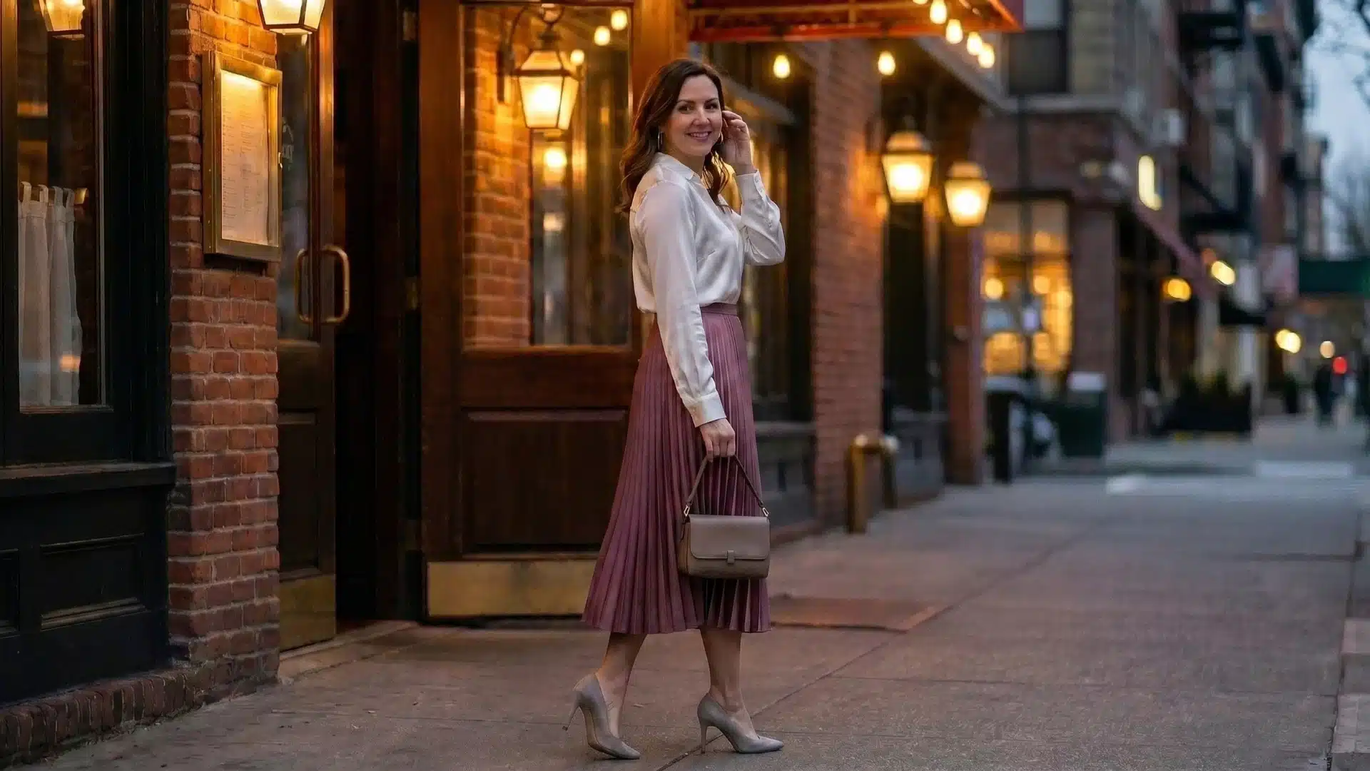 Ivory blouse with dusty mauve pleated skirt