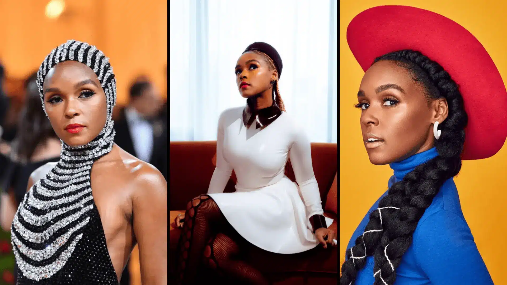 Janelle Monae in bold black white and blue outfits showing strong contrast true winter palette