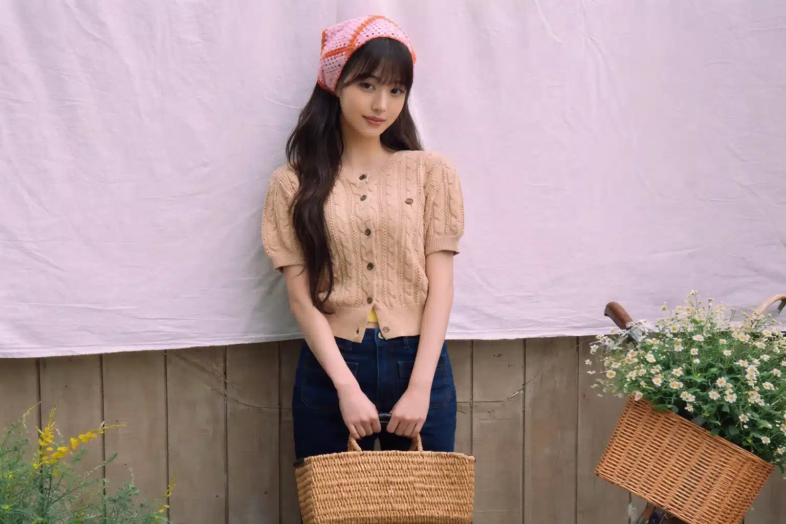 Jang Wonyoung with dark hair in a beige knit top and pink headscarf, holding a basket by a bicycle adorned with flowers
