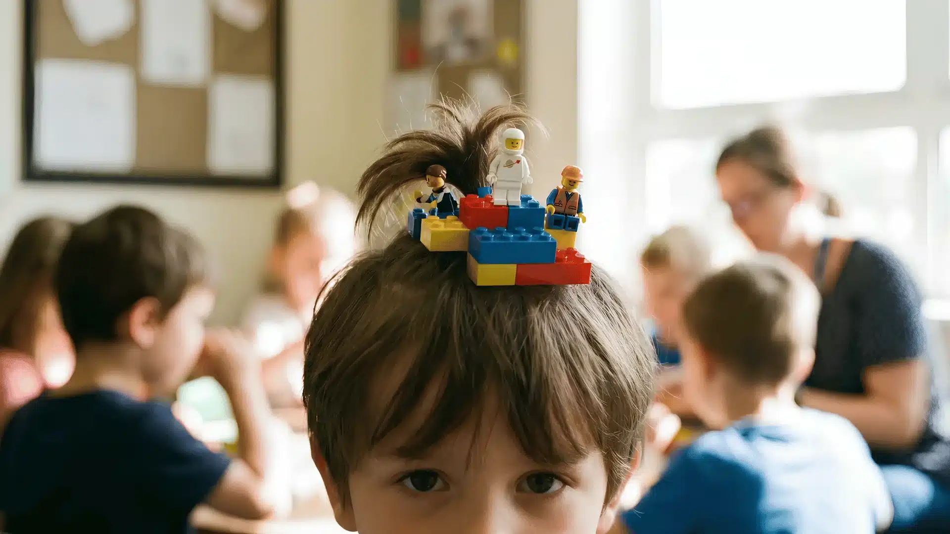 Kid with LEGO figures clipped in hair during classroom activity