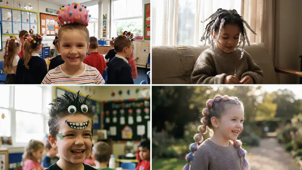 Kids showing creative crazy hair styles in classroom collage