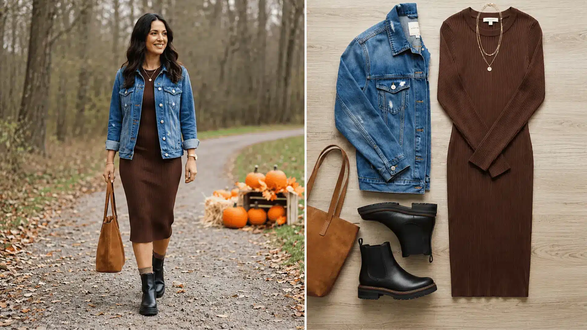 Knit dress with denim jacket outfit