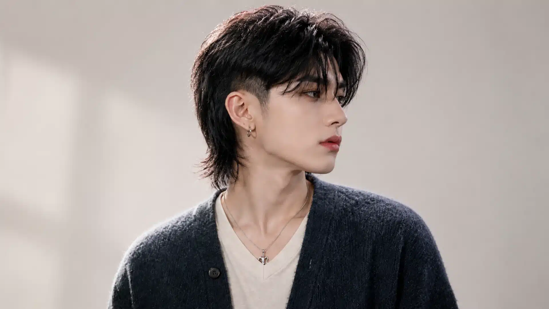 Korean inspired mullet fade with soft layered texture, wispy fringe, and clean tapered sides