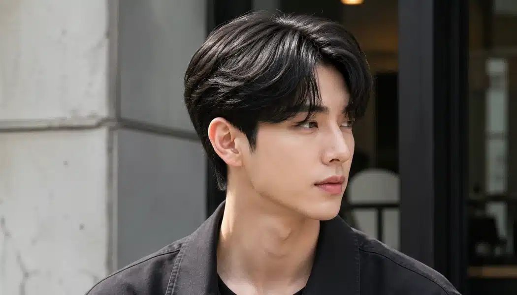Korean layered hairstyle on young man with soft middle part, airy volume, and natural candid side pose