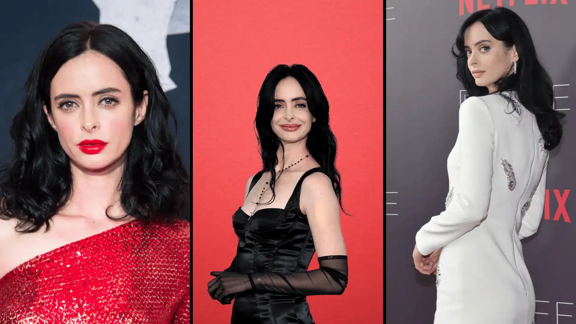 Krysten Ritter in red, black, and white outfits showing high contrast true winter styling