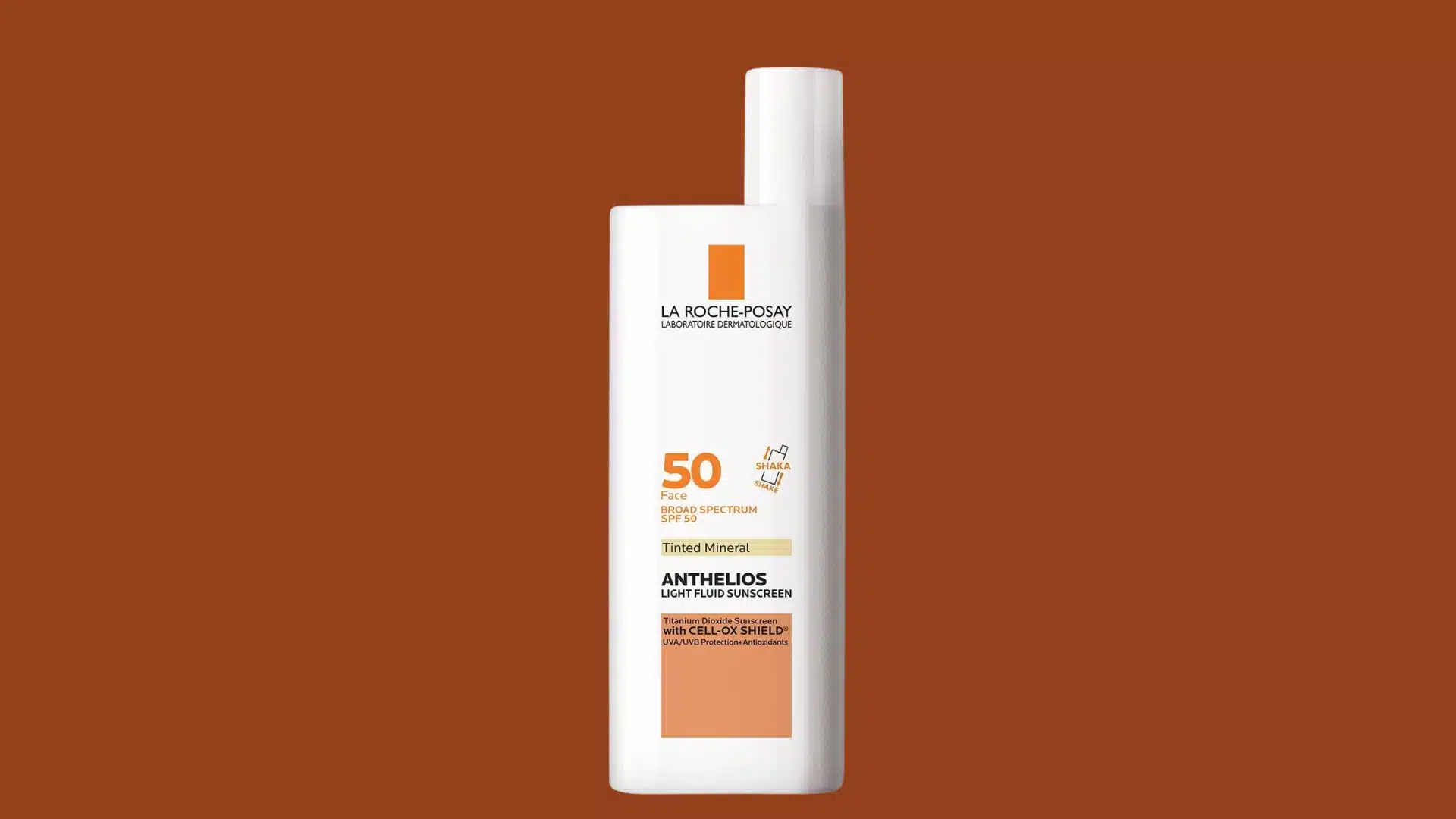 La Roche-Posay tinted mineral sunscreen bottle with orange label.