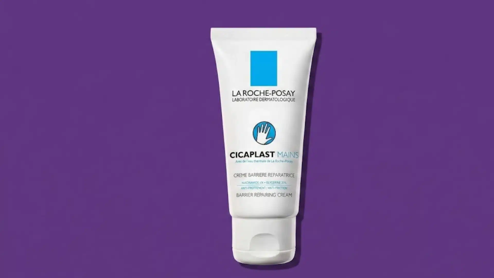 La Roche-Posay Cicaplast Mains barrier repairing hand cream tube on a purple background
