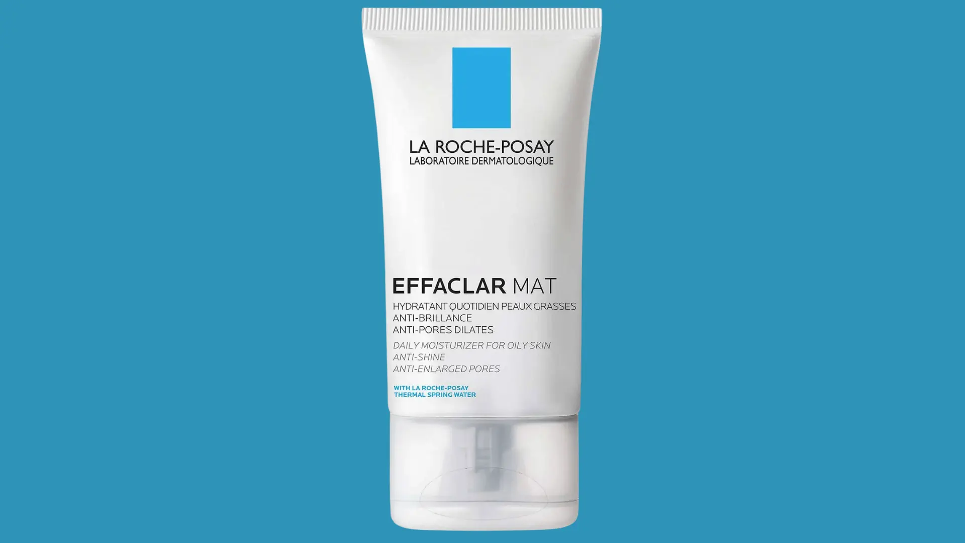 La Roche-Posay Effaclar Mat mattifying moisturizer tube on a bright blue background