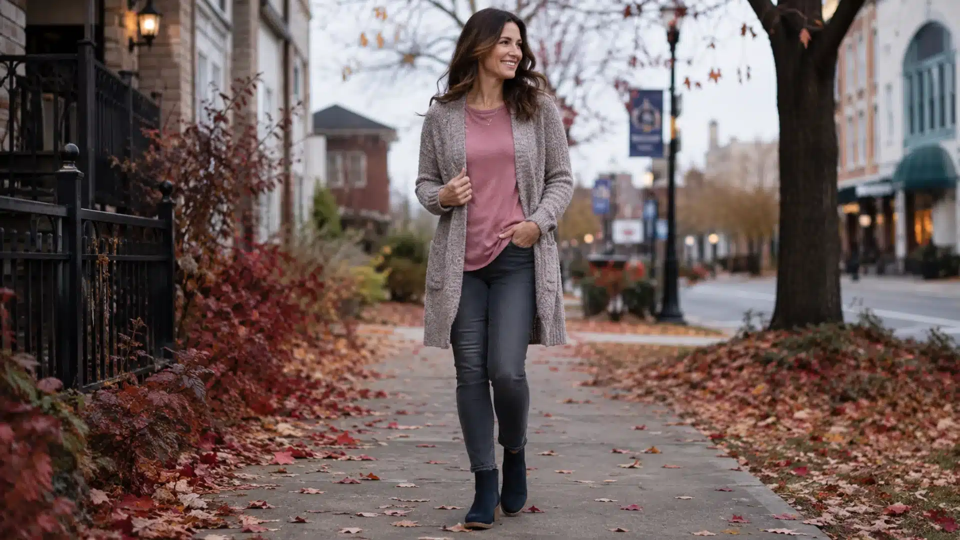 Layered fall outfit with dusty rose top