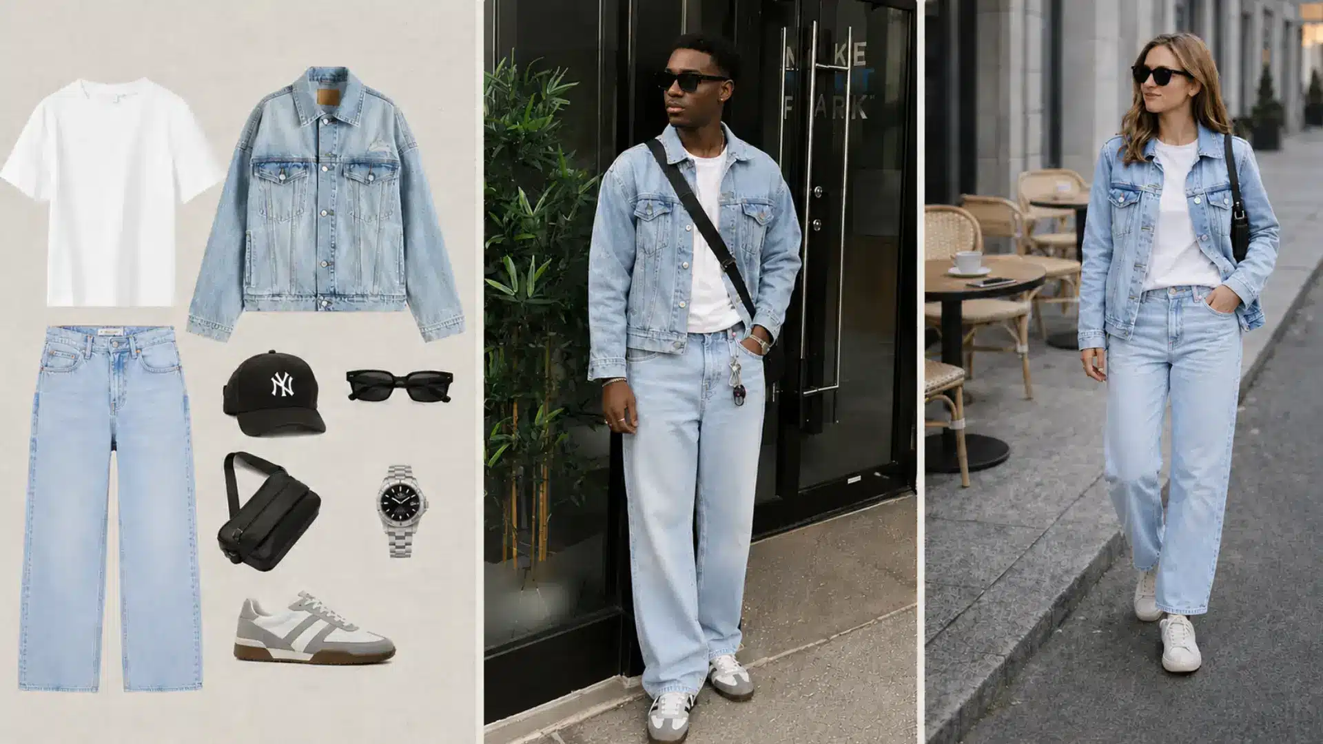 Light wash denim jacket and jeans paired with a white tee and sneakers in a casual streetwear look