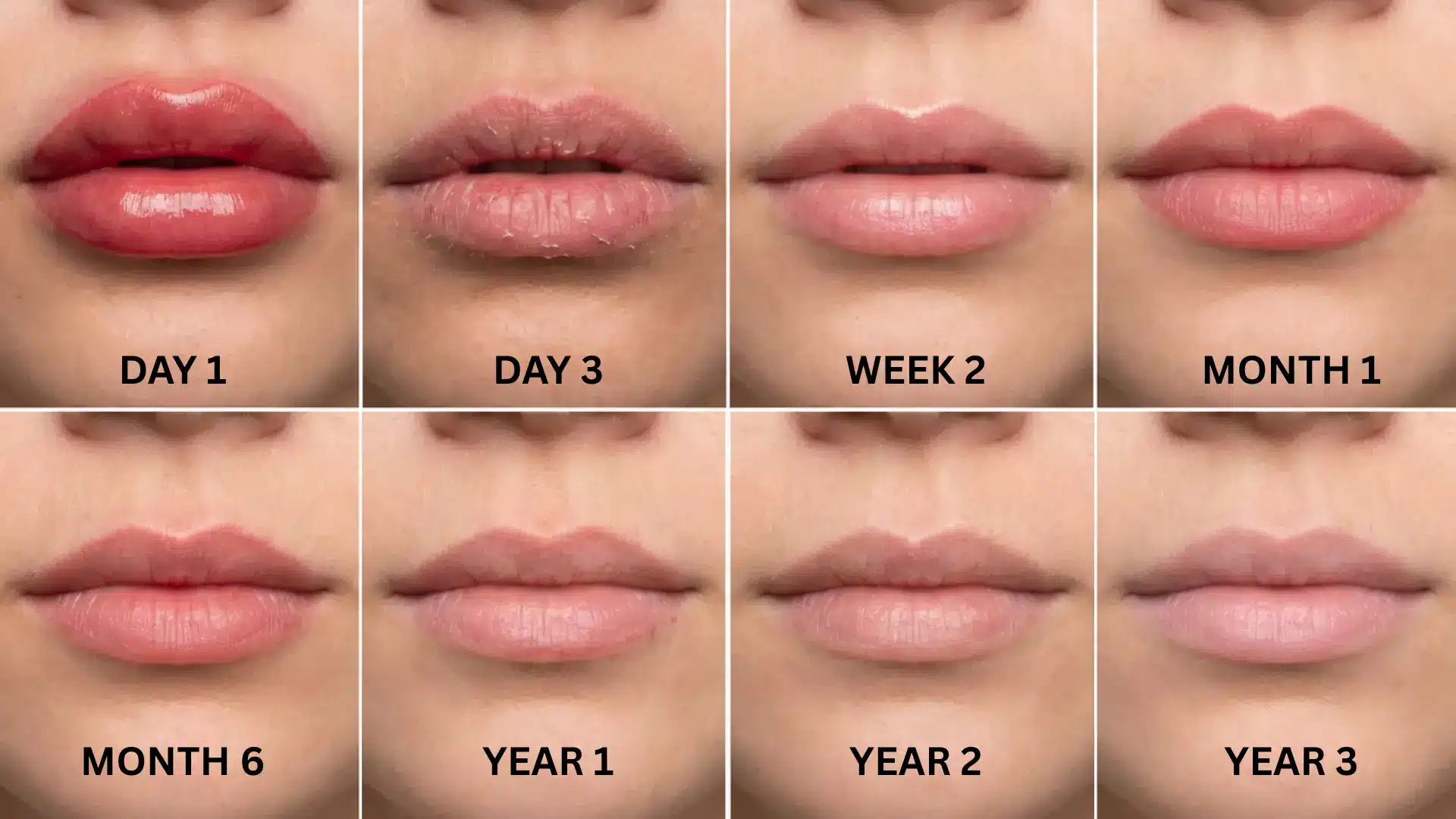 Lip blushing timeline showing changes from day 1 to year 3 with gradual reduction in swelling and volume