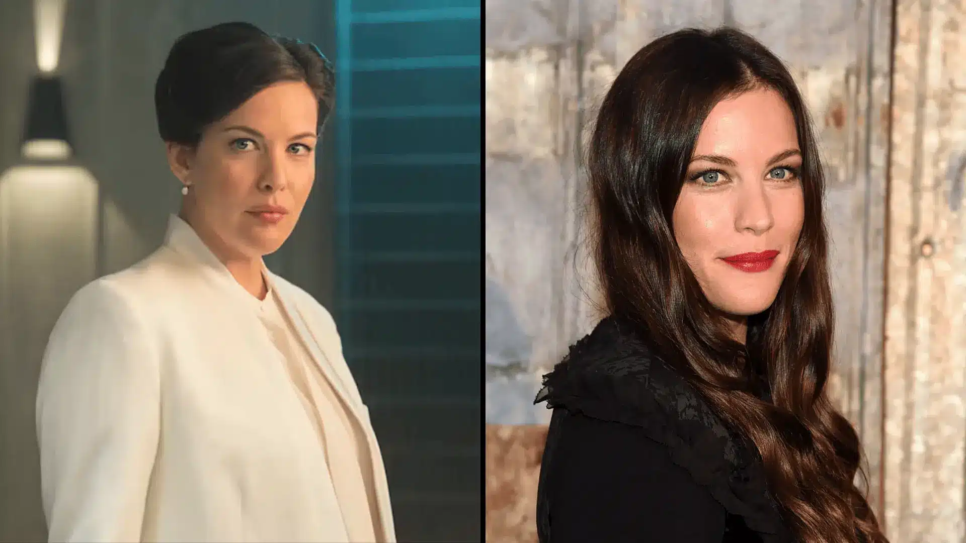 Liv Tyler in crisp white and black outfits showcasing cool undertones and classic true winter features