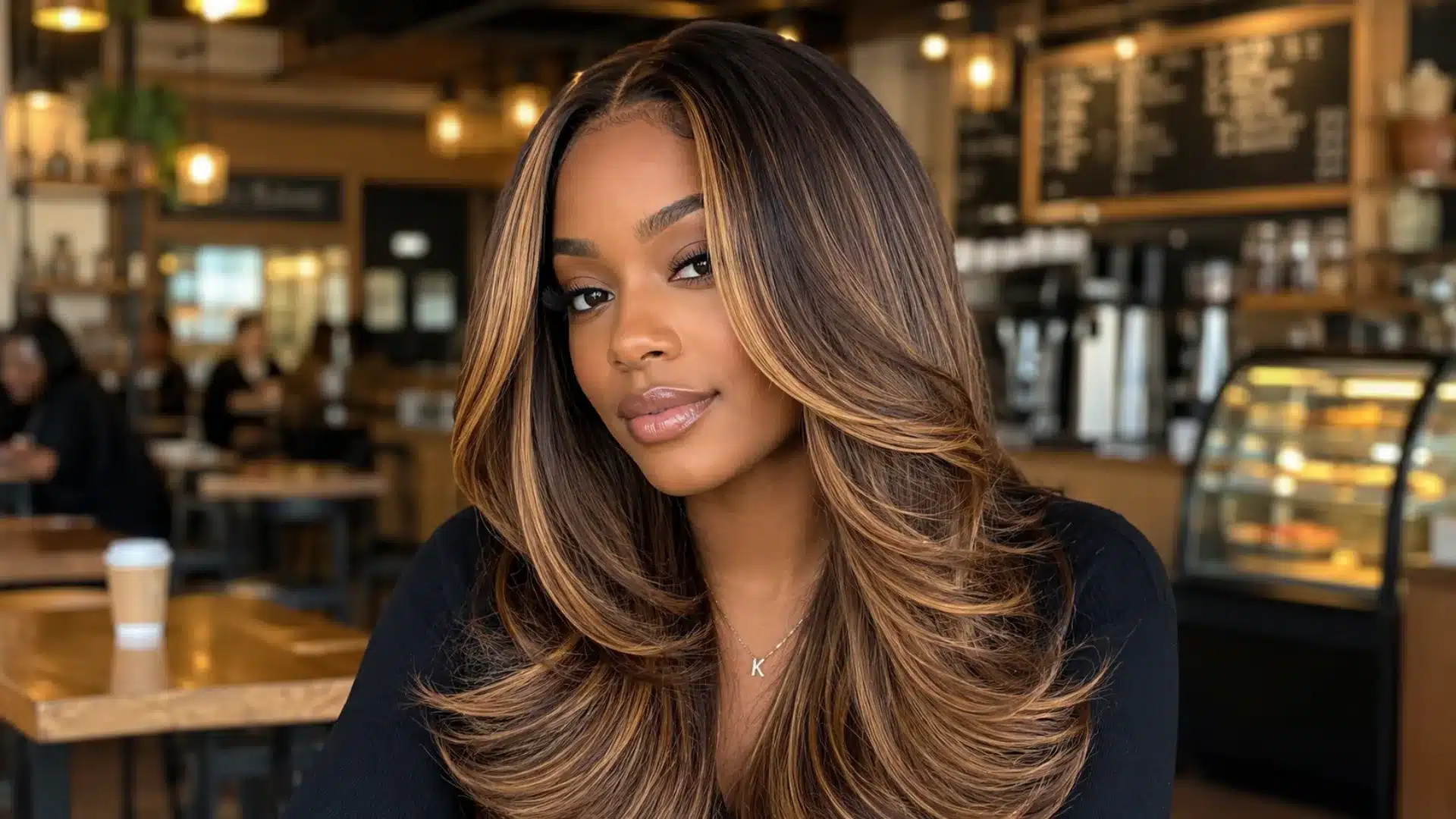 Long caramel layers sew in with face framing highlights and soft volume in a cafe