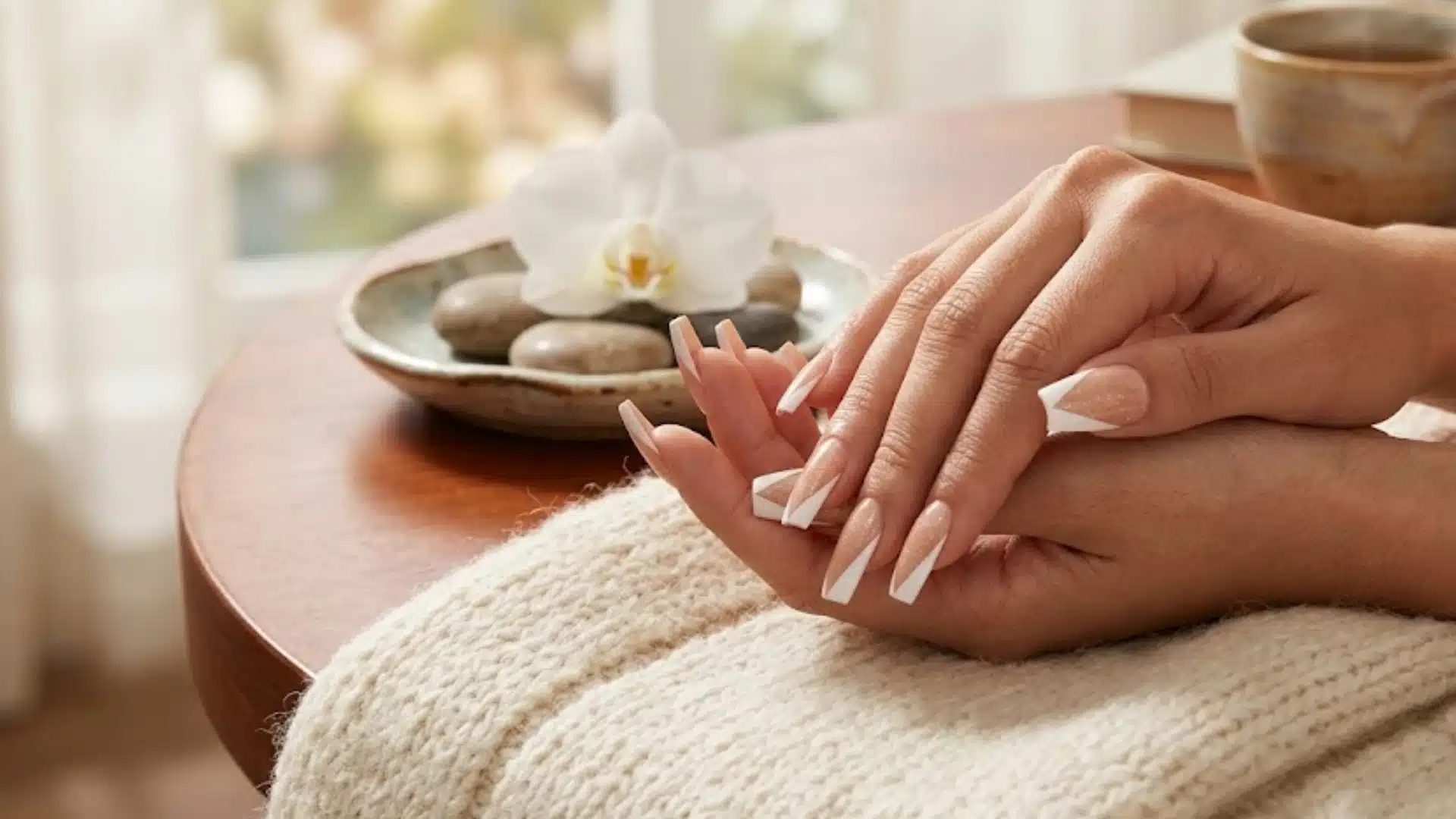 Long nude nails with sharp white tips, hands resting on cozy blanket beside warm tea and flowers