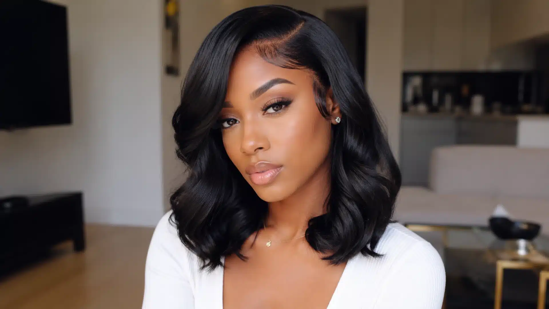 Loose wave lob with side part, soft body waves, sleek finish, and styled baby hairs