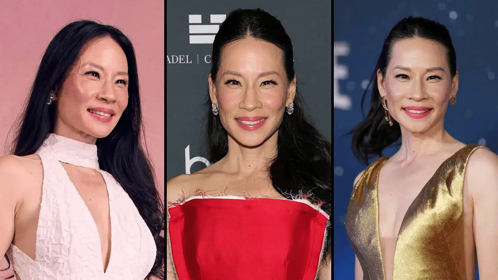 Lucy Liu in elegant red and white outfits highlighting cool undertones and sharp winter palette