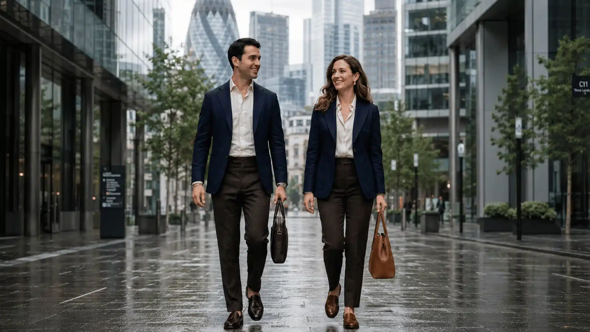 Man and woman in navy blazers with brown trousers