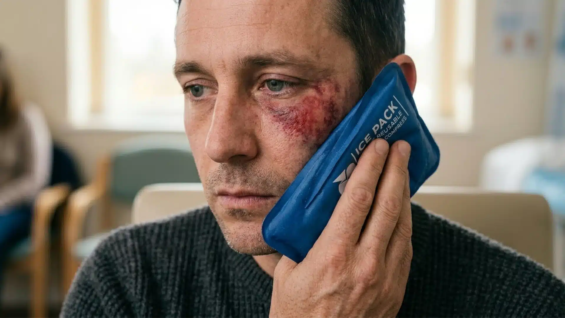 Man holding an ice pack to a bruised cheek with visible facial swelling and discoloration