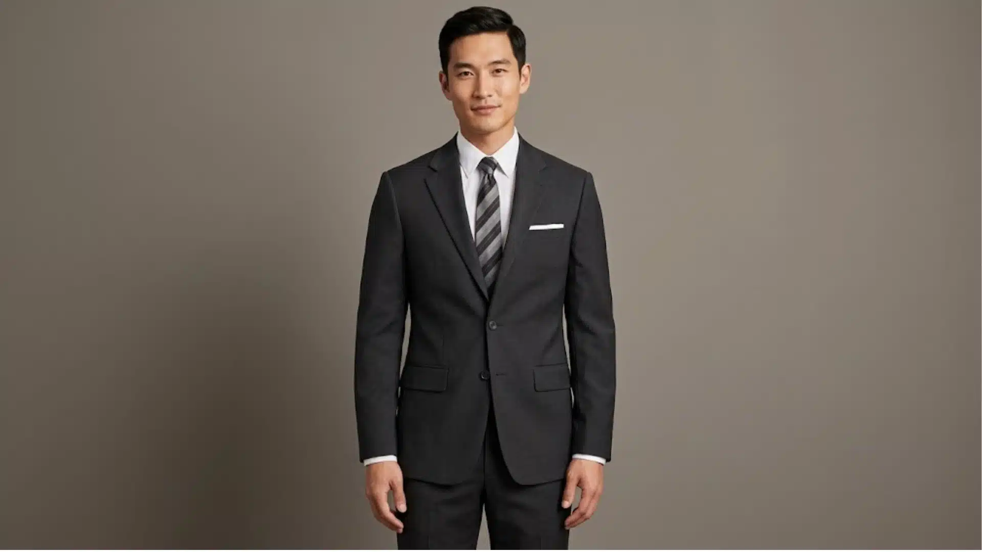 Man in a charcoal funeral suit with white shirt, striped tie, and pocket square