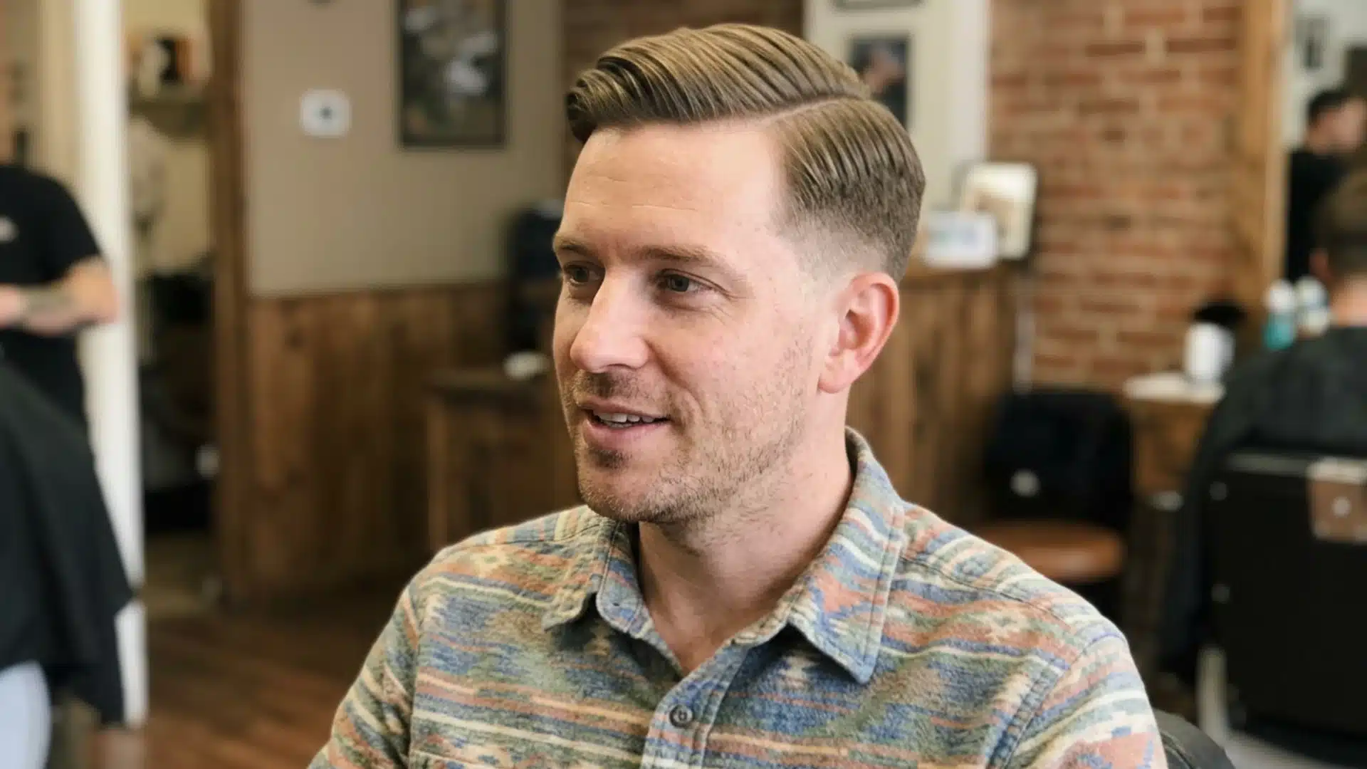 Man in a colorful shirt with a neat comb-over, defined side part, and tapered sides. (1)
