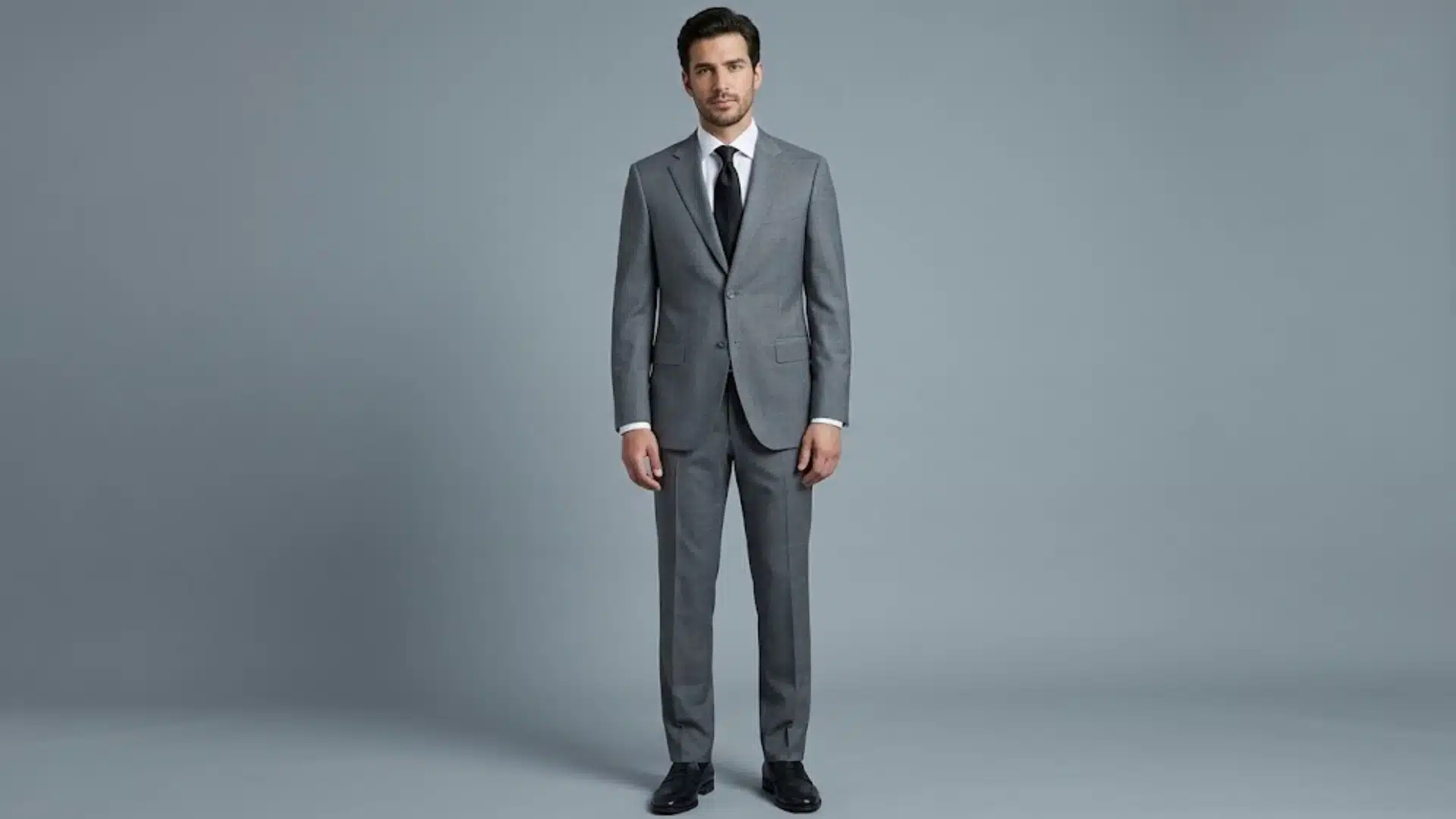 Man in a gray funeral suit with white shirt, black tie, and black dress shoes