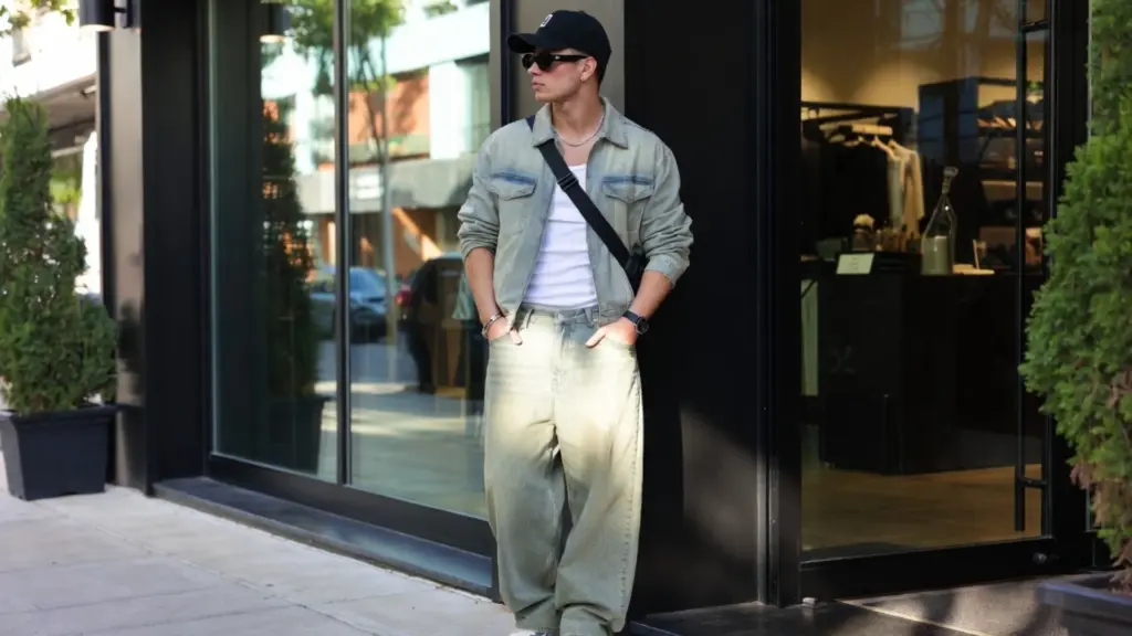 Man in baggy denim outfit with cap and sunglasses outside a modern storefront in casual streetwear style