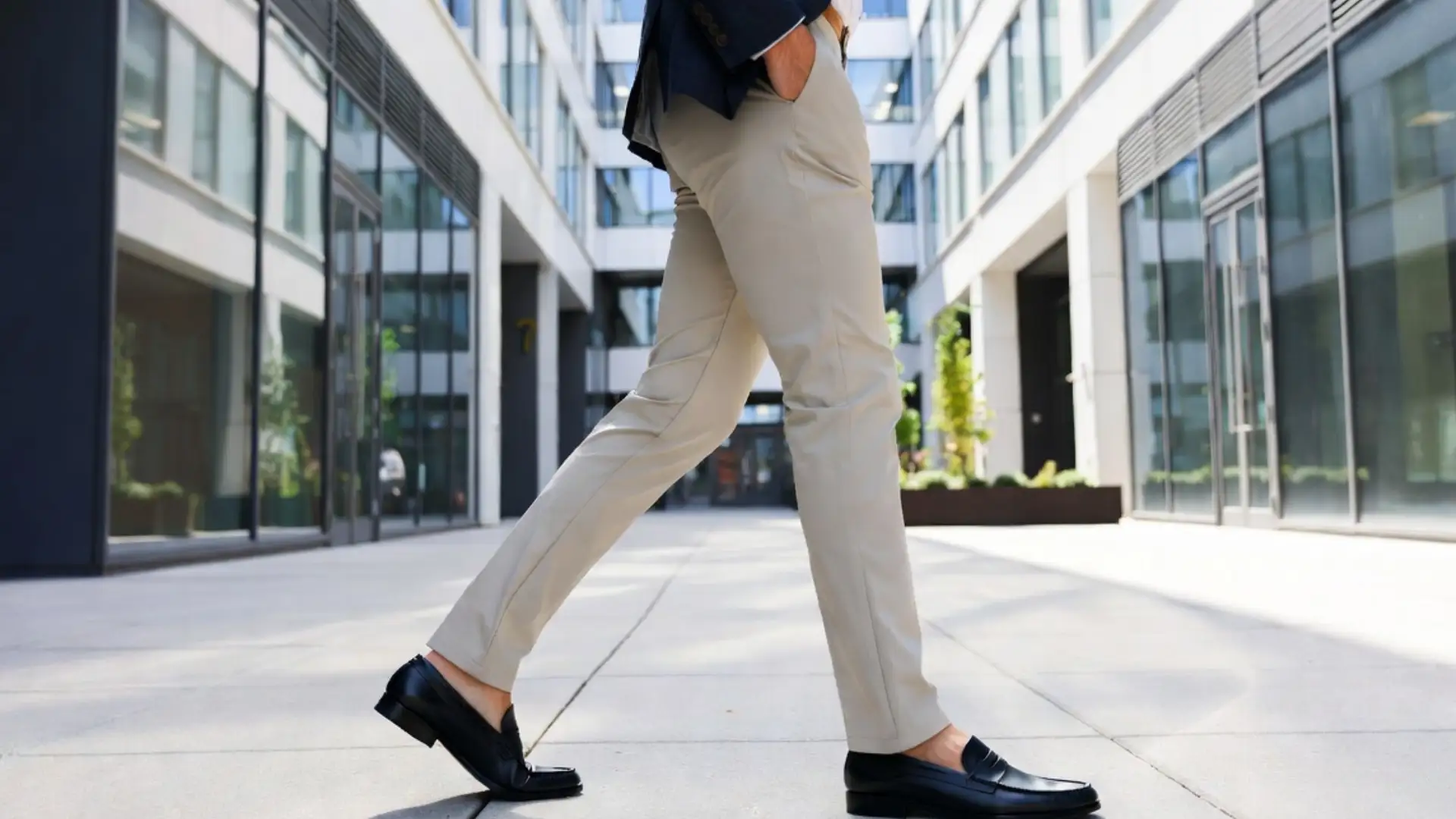 Man in beige chinos and blazer walking through modern office courtyard wearing black loafers