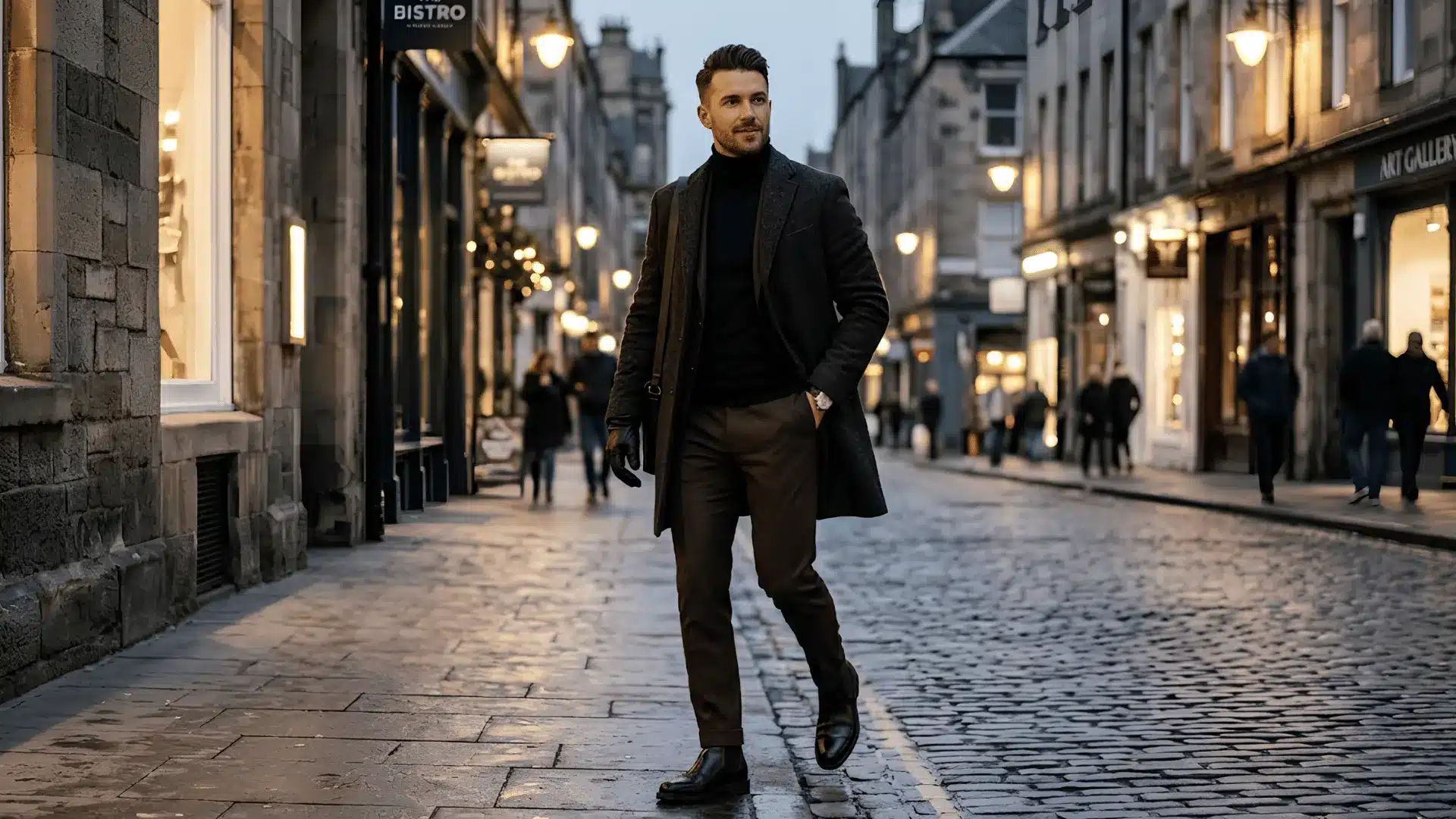 Man in black turtleneck with dark brown trousers