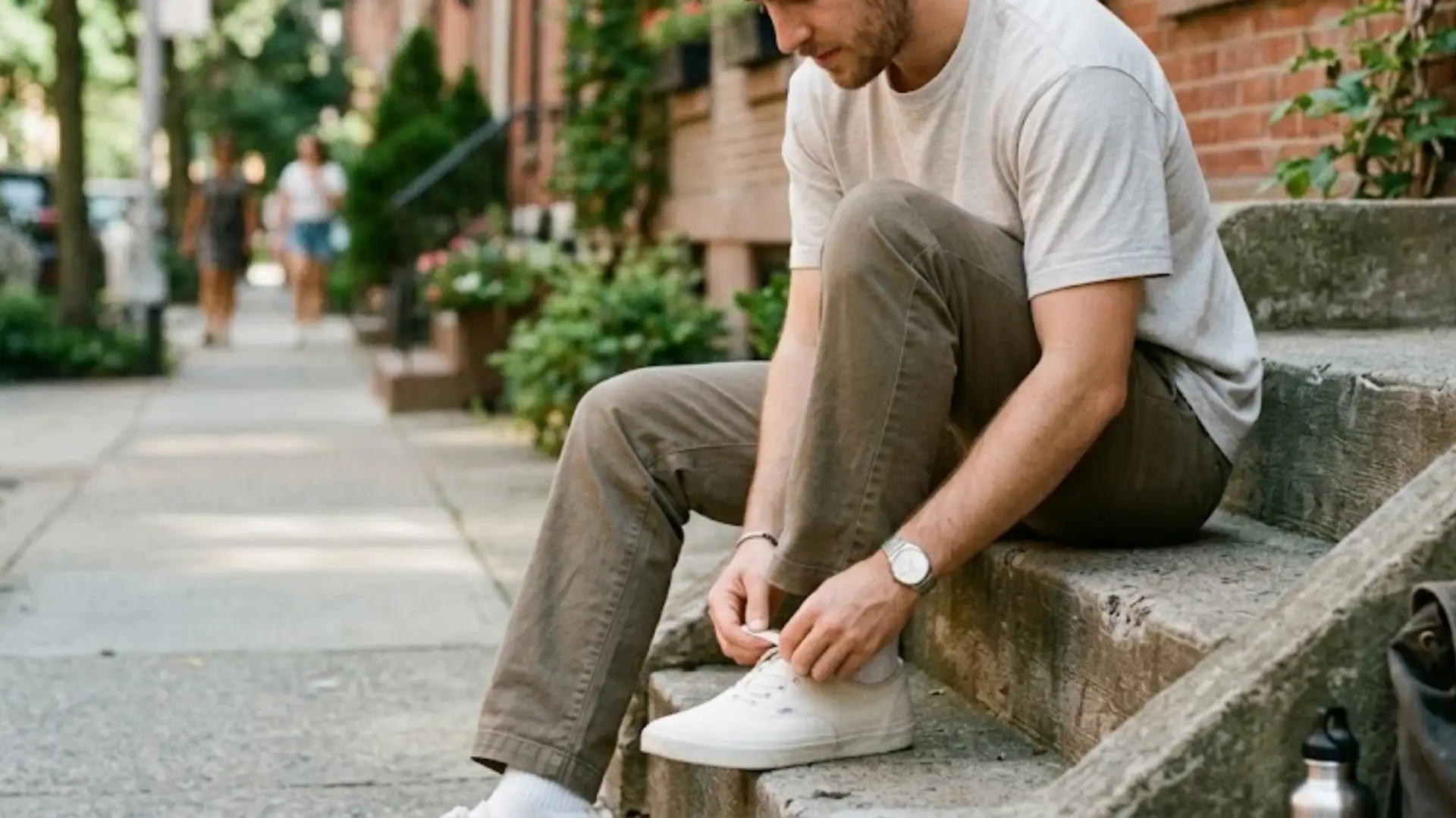 Man in casual t-shirt and chinos tying sneakers while sitting on urban stoop with relaxed street style
